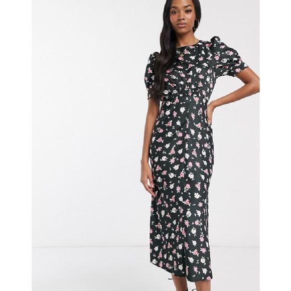 black floral midi tea dress